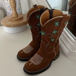 Brown Cowgirl Boots with Floral Embroidery Real Leather